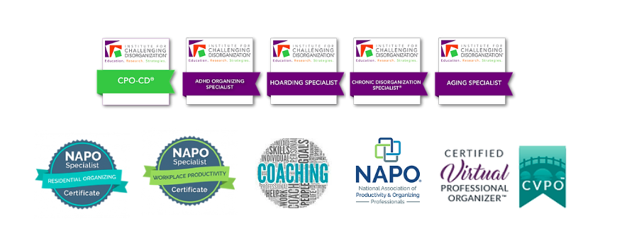 Professional organizing certifications ADHD, chronic disorganization, virtual organizer, aging, residential  